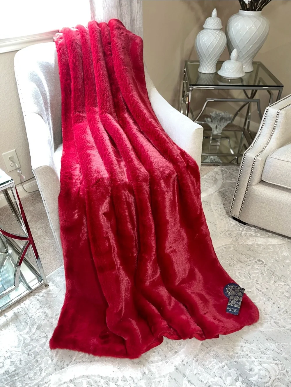 1-RACHEL ROY NWT NIGHT RUBY RED RABBIT FAUX FUR LUXURY THROW BLANKET